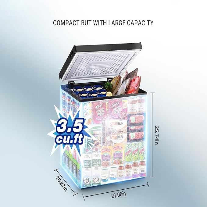 Deep Freezer, 3.5 Cu.Ft Chest Freezer, Small Top Door Deep Freezer with 7 Adjustable Temperature and Removable Basket, Energy Saving for Home Kitchen Office Black