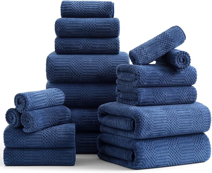 18 Pcs Navy Woven Family Towels Set-6 Bath Sheets,6 Hand Towels,6 Washcloths Soft Microfiber Towels Absorbent Shower Towel Quick Dry Beach Chair Towel Lint Less Towels Set for Bathroom Spa Gym Hotel