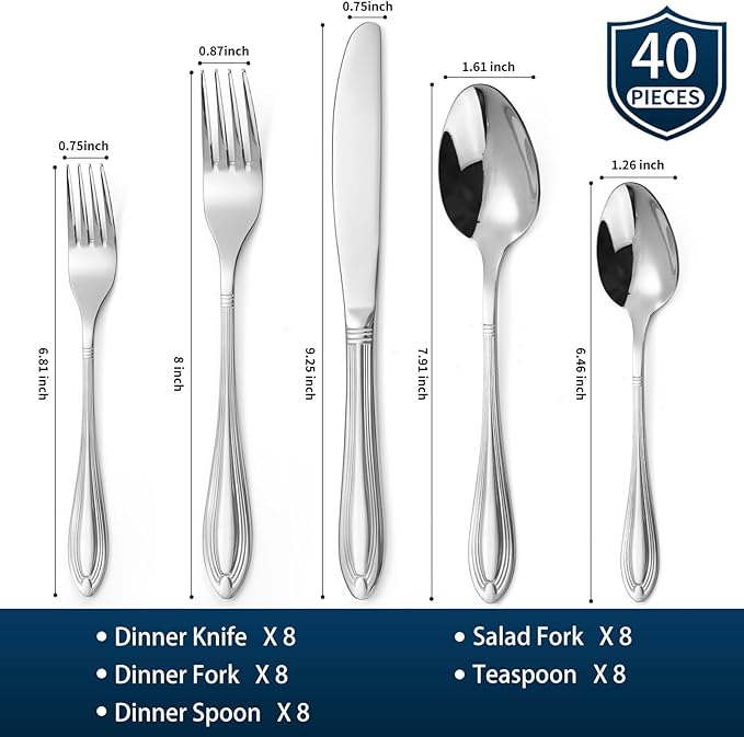 Silverware Set for 8, 40-Piece Flatware Set Include Spoons And Forks Set, Stainless Steel Cutlery Set with Line Pattern, Mirror Polished, Dishwasher Safe.