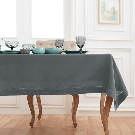 Solino Home Linen Tablecloth 52 x 52 Inch - 100% Pure Linen Charcoal Grey Square Tablecloth - Milan Hemstitch, Machine Washable Table Throw for Winter, New Year