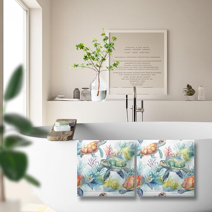 Sea Turtle Kitchen Towels Summer Corals Hand Towel Ocean Animal Dish Towel 14.4 X 28.3 in Soft Absorbent Cotton Towels for Bathroom Kitchen Decorations