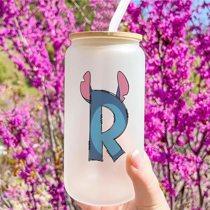 Cute Cartoon Lover Gifts Initial A-Z Personalized Iced Coffee Cup Cartoon Merch 16oz Glass Cup with Lid and Straws Birthday Christmas Gifts for Women Teen Girls Fans (Letter R)