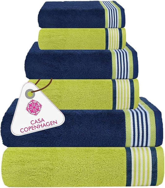 CASA COPENHAGEN He & She 6 Pieces Towel Set- California Blue + Green, 550 GSM 2 Bath Towel 2 Hand Towel 2 Washcloth, Designed in Denmark Made of Soft Egyptian Cotton for Bathroom, Kitchen & Shower
