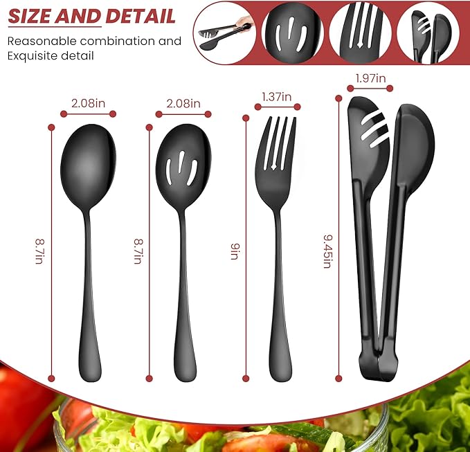 Patelai 8 Pieces Christmas Stainless Steel Black Serving Utensils Set 8.7" Large Spoons and Slotted Spoon 9.45" Tong 9" Forks Flatware Wedding Party Buffet Banquet Cooking Kitchen Catering