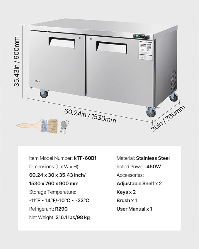 VEVOR 60" W Commercial Freezer, 14.8 Cu.Ft Worktop Freezers Undercounter with LED Auto Lighting and Lockable Door, 2 Doors Food Freezing Prep Worktable, Stainless Steel Prep Frozen Table with Casters