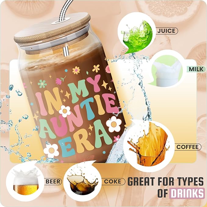 Christmas Day Gifts for Aunt Auntie - Funny Mother’s Day Birthday Gifts from Niece for Auntie New Aunt - 16 Oz Glass Coffee Cup