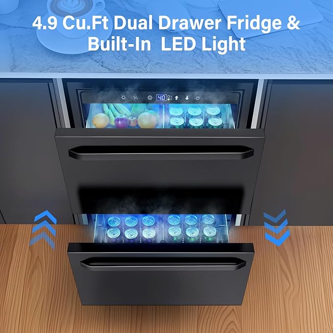 24 Inch Outdoor Refrigerator for Patio with Wheels-Under Counter Dual Drawer Beverage fridge with Stainless Steel Door, Built-In/Freestanding Drink Cooler for Outdoor/Indoor, Weatherproof, Black