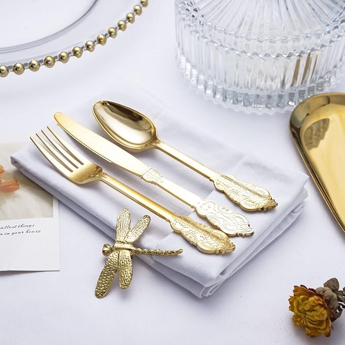 bUCLA 600 Pieces Gold Plastic Silverware - Plastic Gold Utensils - Heavyweight Disposable Cutlery - 200 Forks, 200 Spoons, 200 Knives for Party & Thanksgiving