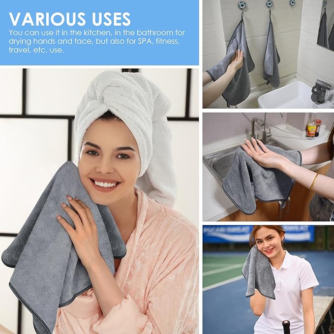 VIVOTE Microfiber Hand Towel, Super Soft & Absorbent Hand Towels with Hanging Loop, Quick Dry Kitchen Hand Towels,Durable Drying Hand Towel for Bathroom, 2 Pieces Grey, 40 x 40 cm