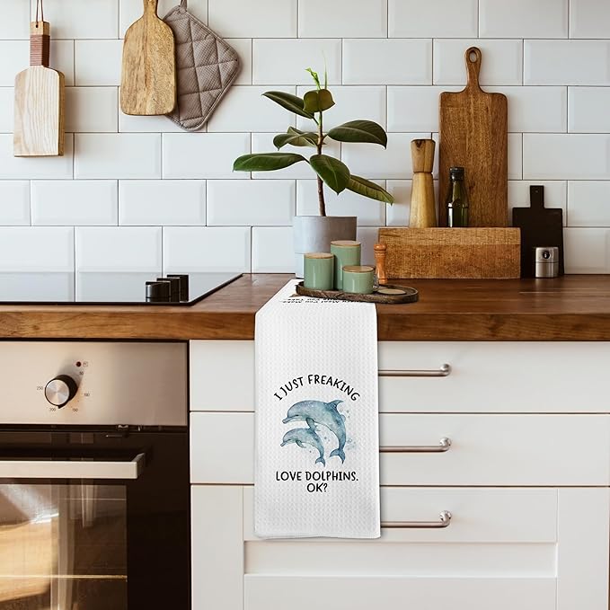 Funny Coastal Dolphin Hand Towels Gifts, Beachy Ocean Dolphin Bathroom Decor, Nautical I Just Freaking Love Dolphins Decor Dish Kitchen Hand Tea Towels for Bathroom Kitchen, 16x24 Inches