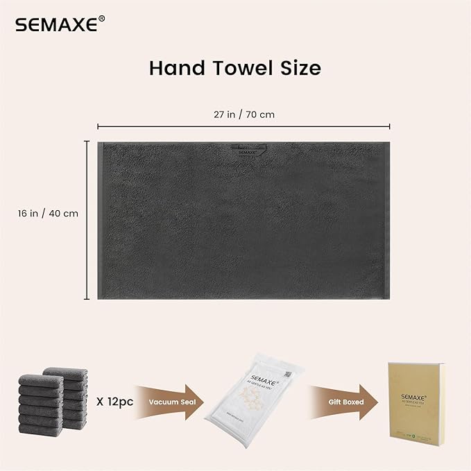 SEMAXE 12 Pack Hand Towels for Bathroom, 100% Cotton Towels with Hanging Loops, Soft and Highly Absorbent, Hand Towel Set for Gym, Shower, Hotel, Spa and Kitchen, Grey