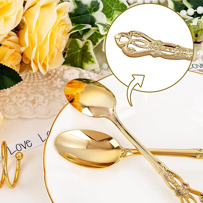 150PCS Gold Plastic Spoons - Gold Spoons Disposable - 8.1 Inch Heavy Duty Plastic Silverware - Heavyweight Elegant Disposable Utensils for Catering, Parties, Dinners, Weddings