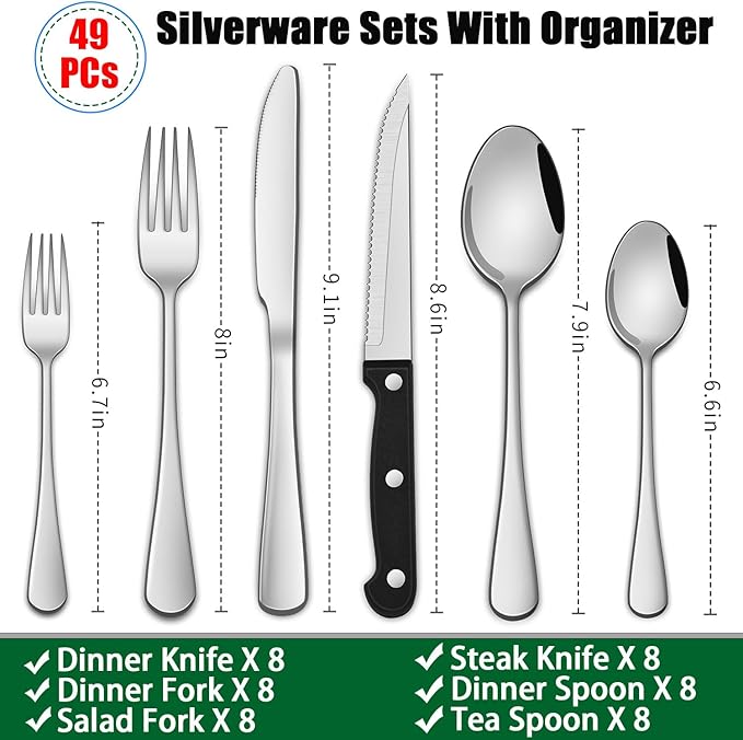 49 Pieces Silverware Sets With Organizer And Steak Knives,Stainless Steel Flatware Sets Service For 8 Person For Home Kitchen,Tableware Cutlery Sets,Includes Knife Spoon and Forks Sets