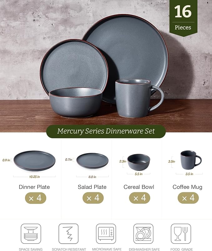 Famiware Mercury Dinnerware Sets with Mugs, Service for 4 (16 Pieces), Plates and Bowls Sets, Microwave and Dishwasher Safe Dishes Set, Charcoal