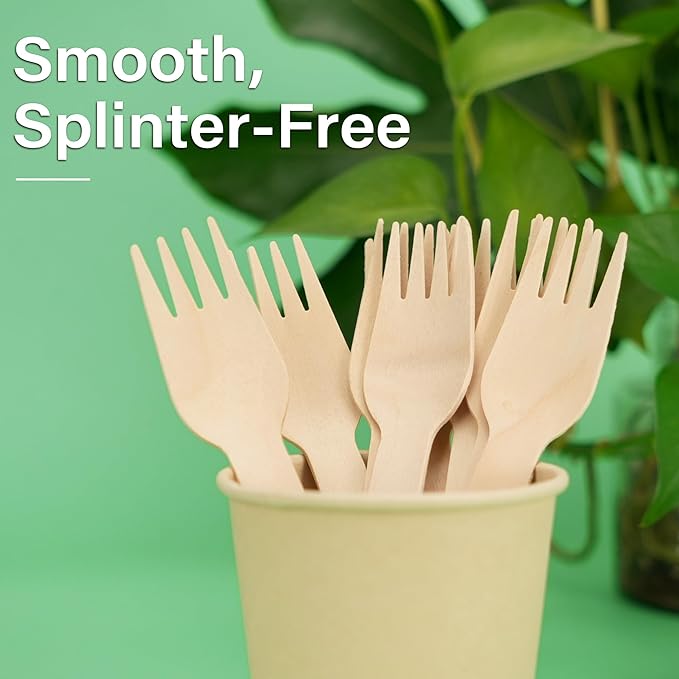 LotFancy Forks Disposable, 100 Pcs Wooden Forks, 6.2inch, Compostable Biodegradable, Great for Camping Picnics Dinner, Party Supplies