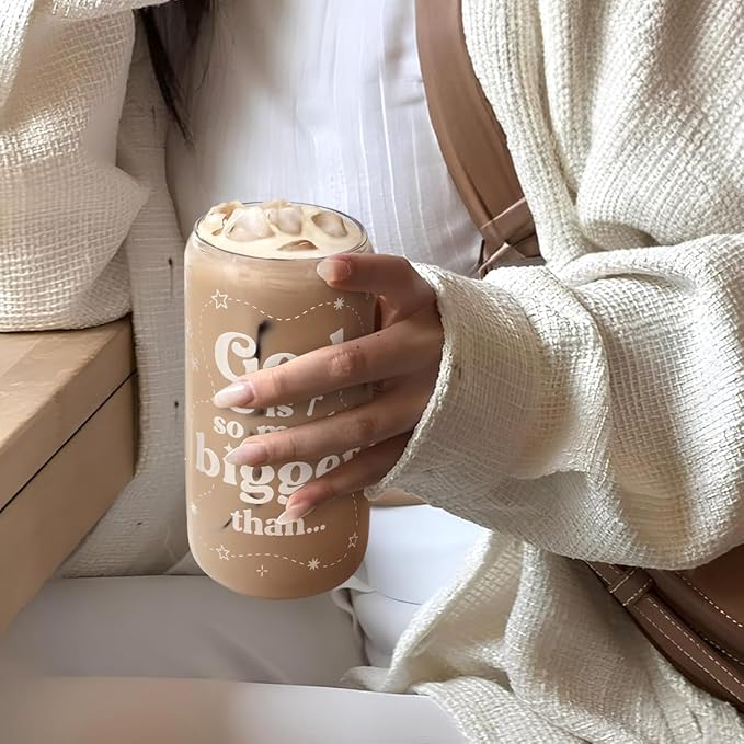 Christian Inspiration16oz Can Glass Tumbler with Bamboo Lid & Straw, Inspirarional Iced Coffee Cup for Women Girls, Religious Gift for Birthday Christmas