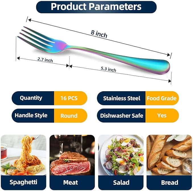 16 Piece Dinner Forks, 8 Inch, Top Food Grade Extra-Fine Stainless Steel Silverware Forks, For Home Kitchen Restaurant, Dishwasher Safe(Rainbow)