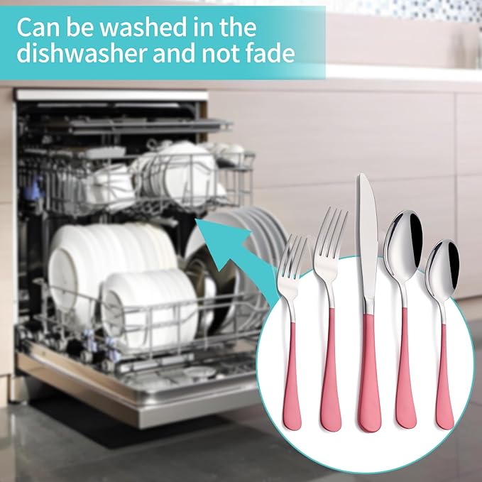 20-Piece Pink Silverware Set for 4, 18/0 Stainless Steel Flatware Cutlery Utensils Set, Include Dinner Knives,Dinner Forks,Dinner Spoons,Salad Forks,Teaspoons,Dishwasher Safe