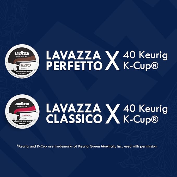 Lavazza K-Cups Coffee Pods Variety Pack – 80 Count (40 Each) - House Blend Perfetto (40) + Dolcevita Classico (40) – Medium Roast, 100% Arabica – Single Serve Espresso Compatible with Keurig Brewers