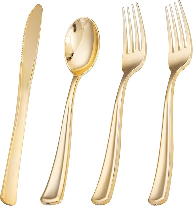 Liacere 200Pcs Gold Plastic Silverware-Gold Plastic Cutlery - Disposable Silverware include 100 Forks 50 Spoons 50 Knives Perfect for Parties & Weddings & Restaurants &Christmas & New Year