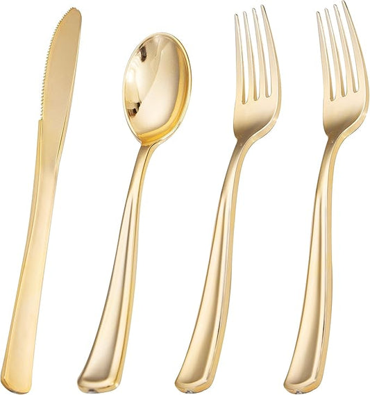 Liacere 200Pcs Gold Plastic Silverware-Gold Plastic Cutlery - Disposable Silverware include 100 Forks 50 Spoons 50 Knives Perfect for Parties & Weddings & Restaurants &Christmas & New Year