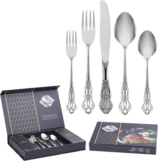 60 Piece Gorgeous Retro Royal Silverware Set for 12, Premium Stainless Steel Flatware Set with gift box, Mirror Polished Cutlery Set Including Spoons and Forks, Vintage Utensils, Dishwasher Safe