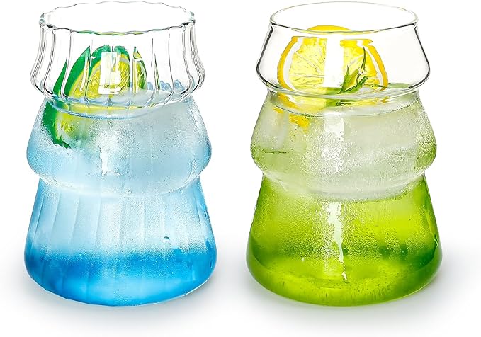 Koythin 2-Piece Ribbed Glass Cups, Vintage Drinking Glassware for Iced Coffee Juice Cocktails Milk Tea Beer, 16 oz/450 ml Cute Bubble Cup (Trees)