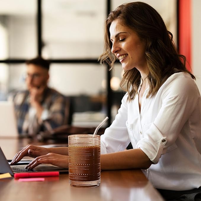 15 Oz Glass Cups with Lids and Straws, Vintage Embossed Glassware for Whiskey Cocktail Beer, Iced Coffee Cup with Lid (2 PACK)