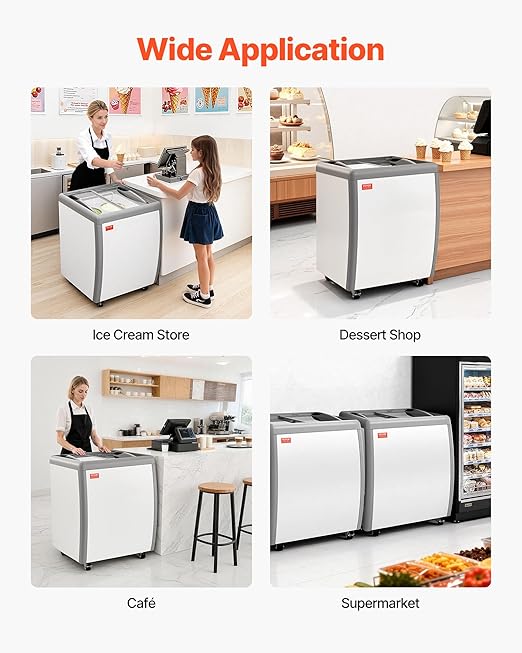 VEVOR Commercial Ice Cream Display Case, 5.6 Cu.ft Chest Freezer, Restaurant Gelato Dipping Cabinet Top Deep Freezer with Locking Casters, Sliding Glass Door, LED Lighting, Hold 4 Ice Cream Tubs