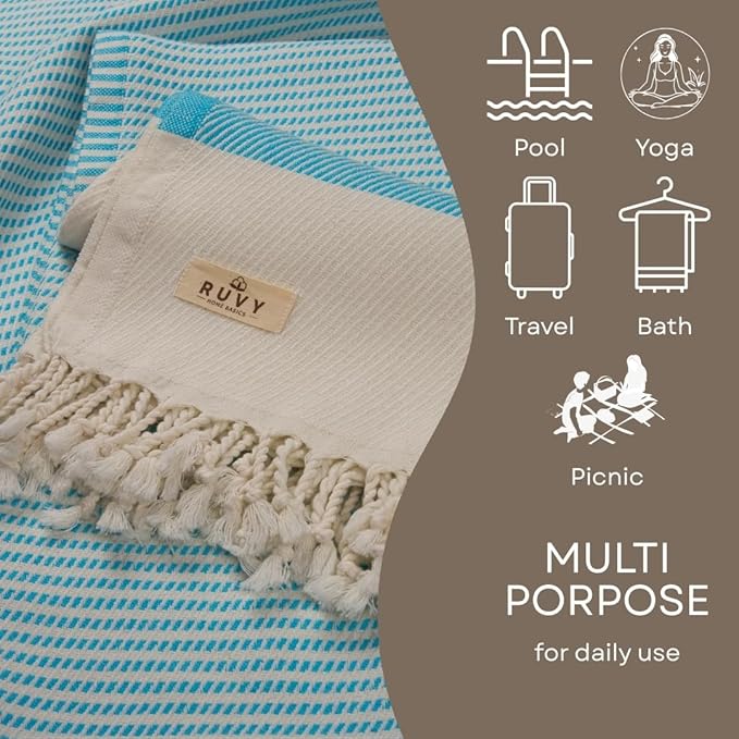 Ruvy Home Basics 2 Pack Turkish Beach Towels – Oversized Quick-Dry Bath Towels (40 x 72 Inches) – 100% Cotton Large Towels for Pool, Yoga, Travel, Camping Essentials, and Bathroom Decor - Turquoise