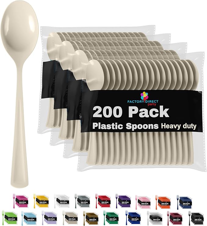 Party Solids Ivory Plastic Spoons 200 Pieces Ivory Spoons Disposable Utensils Heavy Duty Plastic Cutlery Set Disposable Cutlery Sets Flatware Sets Silverware Set Party Supplies & Party Tableware