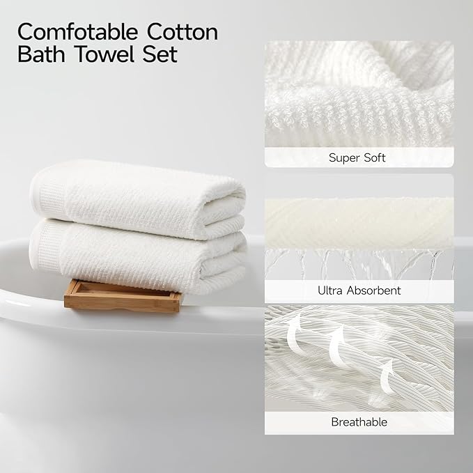 REDKISS Luxury Bath Towel Set of 8, 100% Cotton Bathroom Towels Set with 2 Bath Towels, 2 Hand Towels, 4 Washcloths, Ultra Soft Highly Absorbent Towels for Bathroom, Gym, Hotel, Spa, White