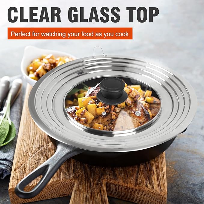 Universal Lids with Tempered Glass Top Fits 6, 7, 8 & 8.2, 9, 10, 11, 12, 12.5 Inch Cookware, Replacement Frying Pan Cover for Pots, Pans and Skillets, Cast Iron Lids for Space Saving