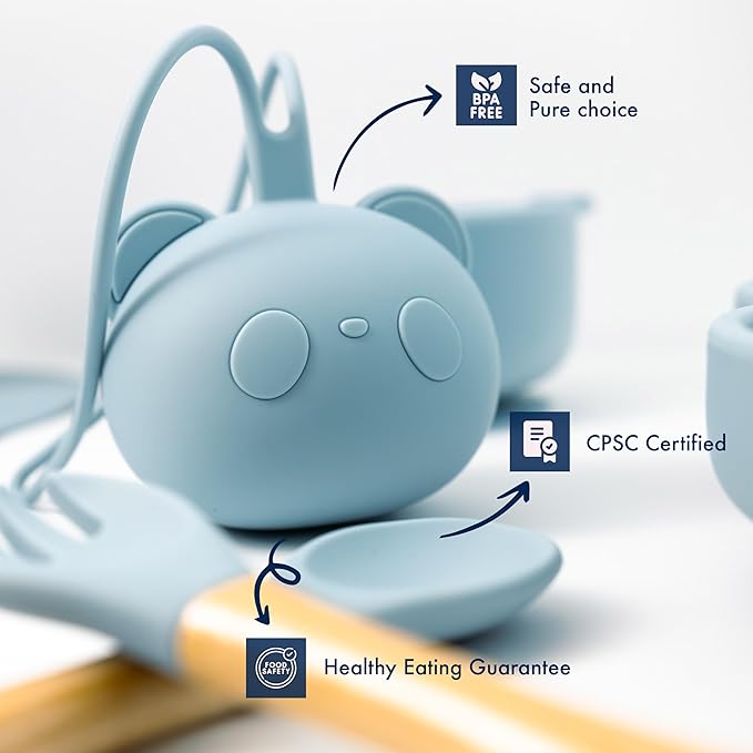 Silicone Baby Feeding Set - Complete Baby Led Weaning Supplies with Non-Toxic Silicone Bibs, Suction Plates, Suction Baby Bowl, Sippy Cup, Baby Spoons and Fork, Toddler Utensils (Baby Sky)