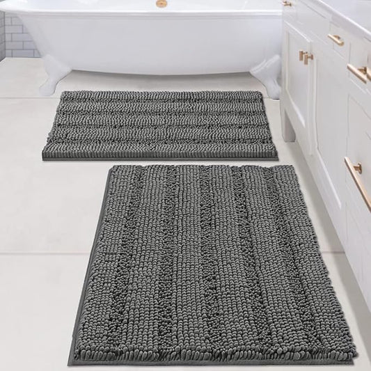 H.VERSAILTEX 2 Piece Bathroom Set - Super Absorbent Chenille Striped Bath Mats, Non Skid, Machine Washable - Grey, 24 x 36 Plus 20 x 32 Inches