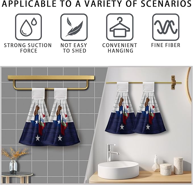 Texas Hanging Kitchen Towels Bluebonnet Navy Blue Gray Hand Tie Towel Texas Stars Dish Towels with Hanging Loop Soft Seasonal Decoration for Bathroom Kitchen