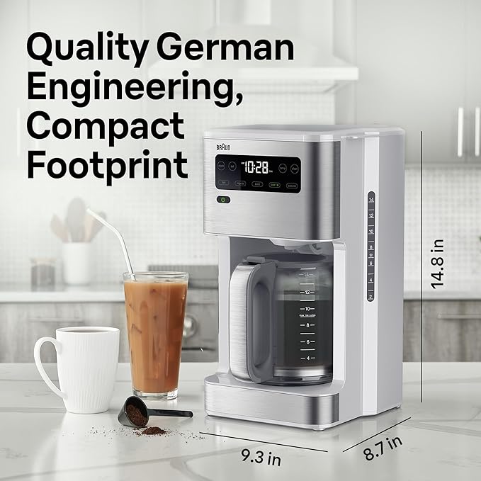 Braun PureFlavor 14‑Cup Programmable Coffee Maker – Fast Brew Speed, Touch Display, Bold & Brew‑Over‑Ice Modes, FlavorCarafe & Adjustable Warm Plate, White