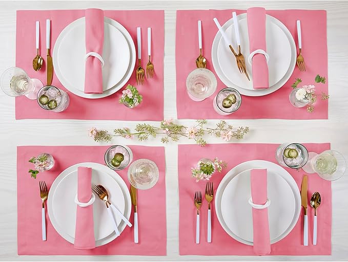 Solino Home Linen Cloth Placemats Set of 4 - 100% Pure Linen Pink Carnation Placemats 14 x 19 Inch for Valentines - Fete