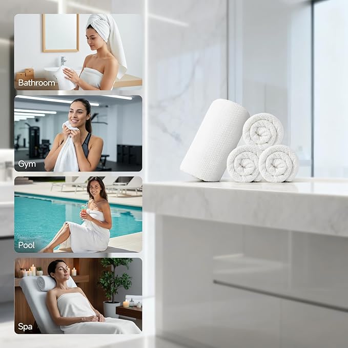 REDKISS 4 Pack Premium Bath Towels, Plush Coral Fleece Towels for Bathroom, Extra Large Bath Towels Set of 4 (35 x 70 in), Super Soft Highly Absorbent Shower Towels for Spa, Gym, Travel, White