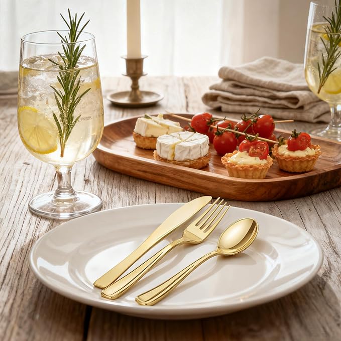 WDF 120 Pieces Gold Plastic Silverware - Disposable Flatware Set - Heavy Duty Christmas Plastic Cutlery - Silverware Includes 40 Forks, 40 Spoons, 40 Knives