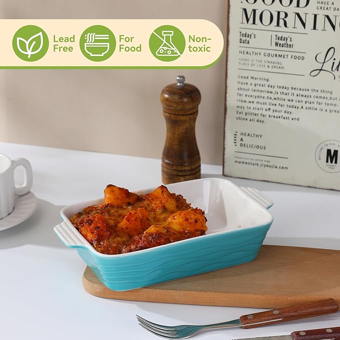 Baking Dish for Oven Casserole Dishes Bakeware Set With Ramekin Ceramic Lasagna Pan 9×12.8 Inch Large Deep Baking Dishes Rectangular Non-Stick Baking Pans for Kitchen Baking and Roasting Turquoise