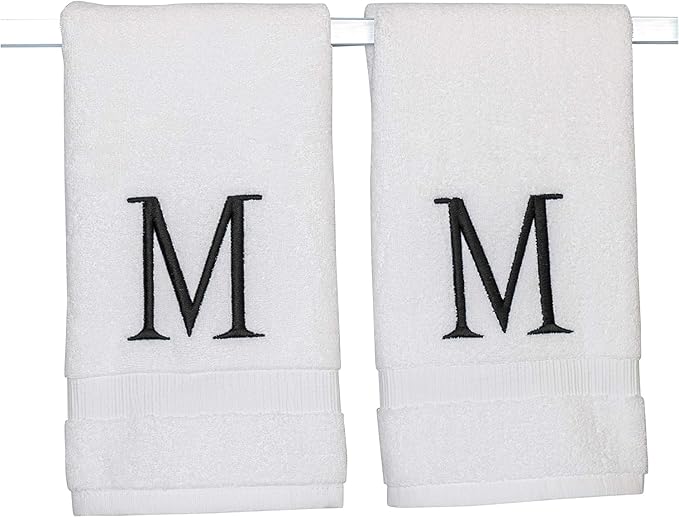 Black Initial Hand Towel for Bathroom - Monogrammed Luxury Hotel Quality Decorative Embroidered Towel for Powder Room, Spa - GOTS Organic Certified - Set of 2 Letter M