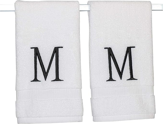 Black Initial Hand Towel for Bathroom - Monogrammed Luxury Hotel Quality Decorative Embroidered Towel for Powder Room, Spa - GOTS Organic Certified - Set of 2 Letter M