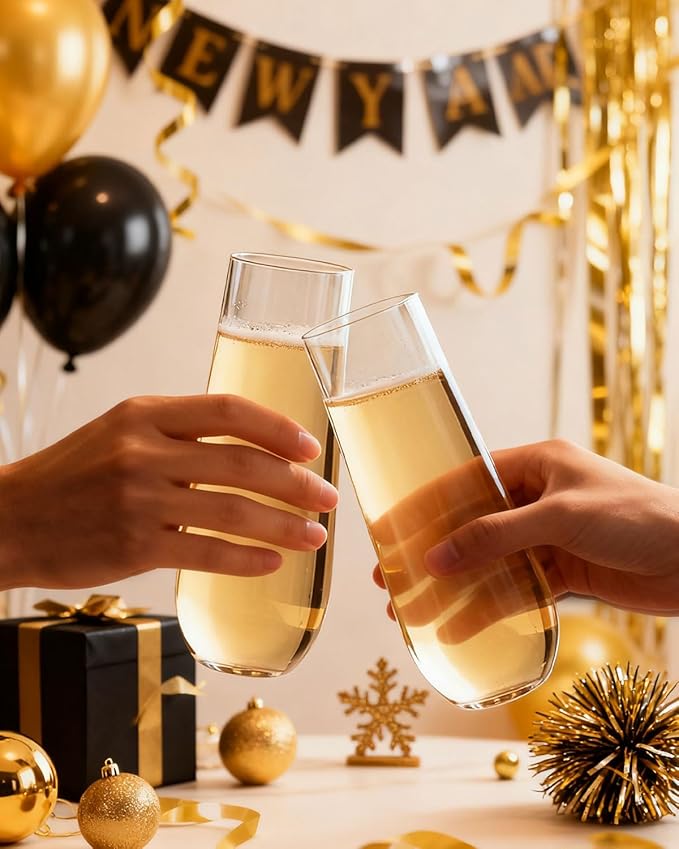 Ciaell 24 Pack Plastic Champagne Flutes - 9 Oz Disposable Champagne Glasses - Stemless Mimosa Glass for Parties & Weddings & Birthdays & Christmas