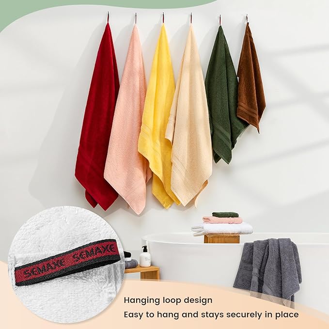 SEMAXE Solid 18-Piece Towel Set, White, 600GSM 100% Cotton, 6 Each of Bath Towel, Hand Towel, and Washcloths, Gift Box Packaging, Hanging Loop Design