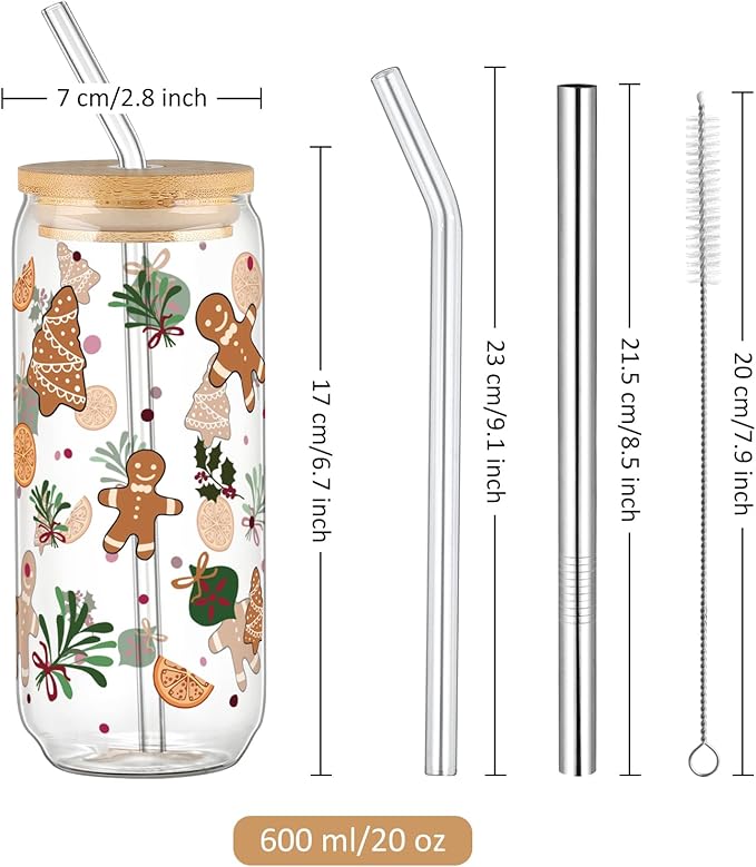 Joeyan Christmas Glass Cups with Lids and Straws,Cute Xmas Gingerbread Man Tumbler Iced Coffee Glass with Keychain and Socks,Drinking Glasses with Leaves Patterns,Decorations Gift For Women,20oz