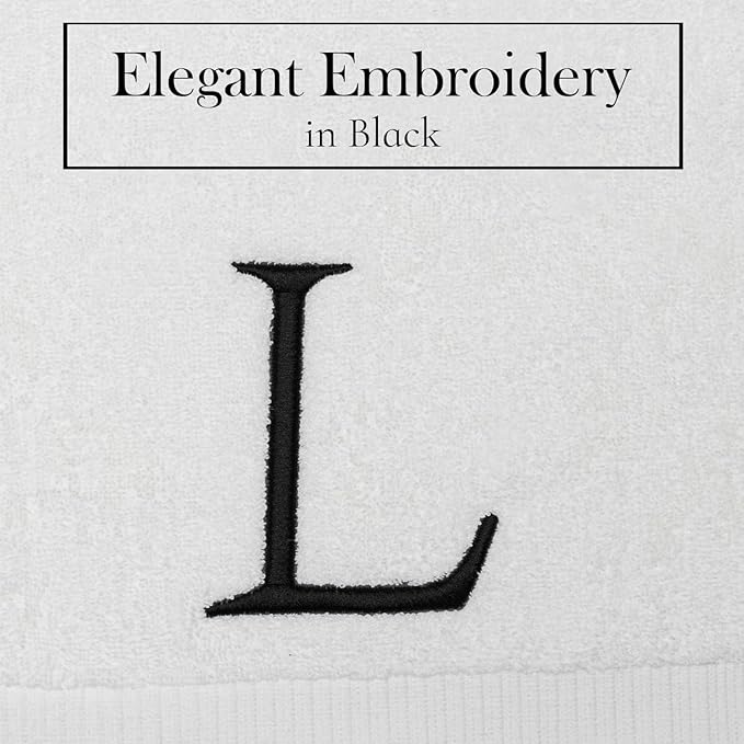 Black & White Bathroom Hand Towel - Monogrammed Luxury Hotel Quality Decorative Embroidered Towel for Powder Room, Spa - GOTS Organic Certified - Set of 2 Letter L