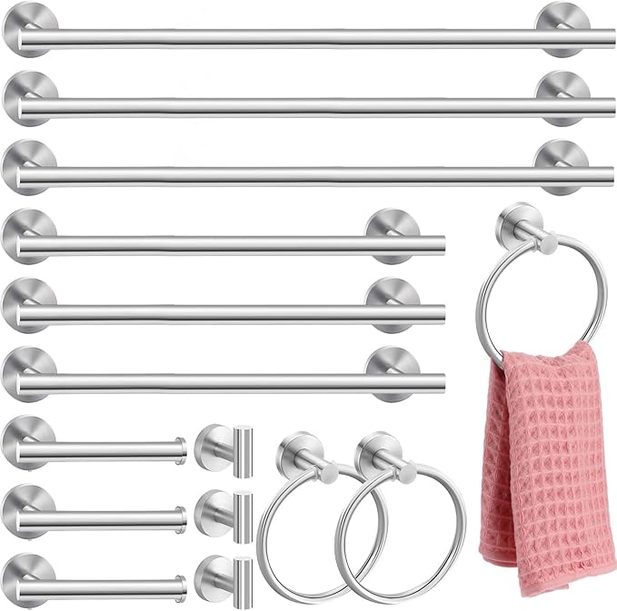 Gisafai 15 Piece Bathroom Hardware Set, 23.6 Inch Brushed Towel Bar Ring Toilet Paper Holder Robe Towel Hook, Sus304 Stainless Steel Bathroom Accessory Set Wall Mounted(Silver)