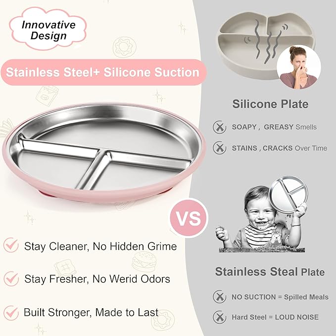 Bella’s Friends Stainless Steel Baby Plates with Suction 3 Pack, 8” Divided Toddler Plates with Removable Silicone Sleeves for Mess-Free Feeding, Non-Toxic, Non-Slip, Dishwasher Safe, beige,pink,green