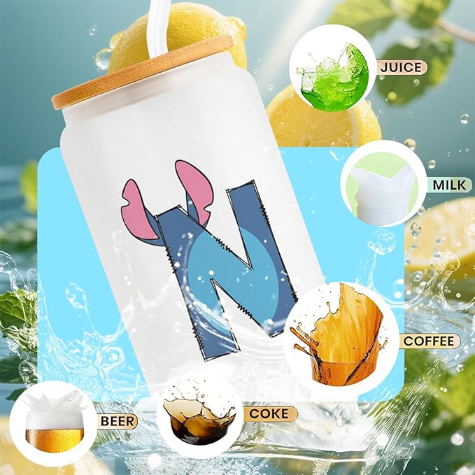 Cute Cartoon Lover Gifts Initial A-Z Personalized Iced Coffee Cup Cartoon Merch 16oz Glass Cup with Lid and Straws Birthday Christmas Gifts for Women Teen Girls Fans (Letter N)
